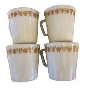 Vintage Pyrex  Butterfly Gold Pattern via Set of 4 Coffee Mugs milk glass Rare
